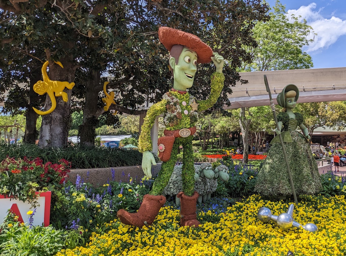 EPCOT International Flower & Garden Festival 2023: Flowers, Butterflies & Food! - Toy Story Topiaries with Woodie and Bo