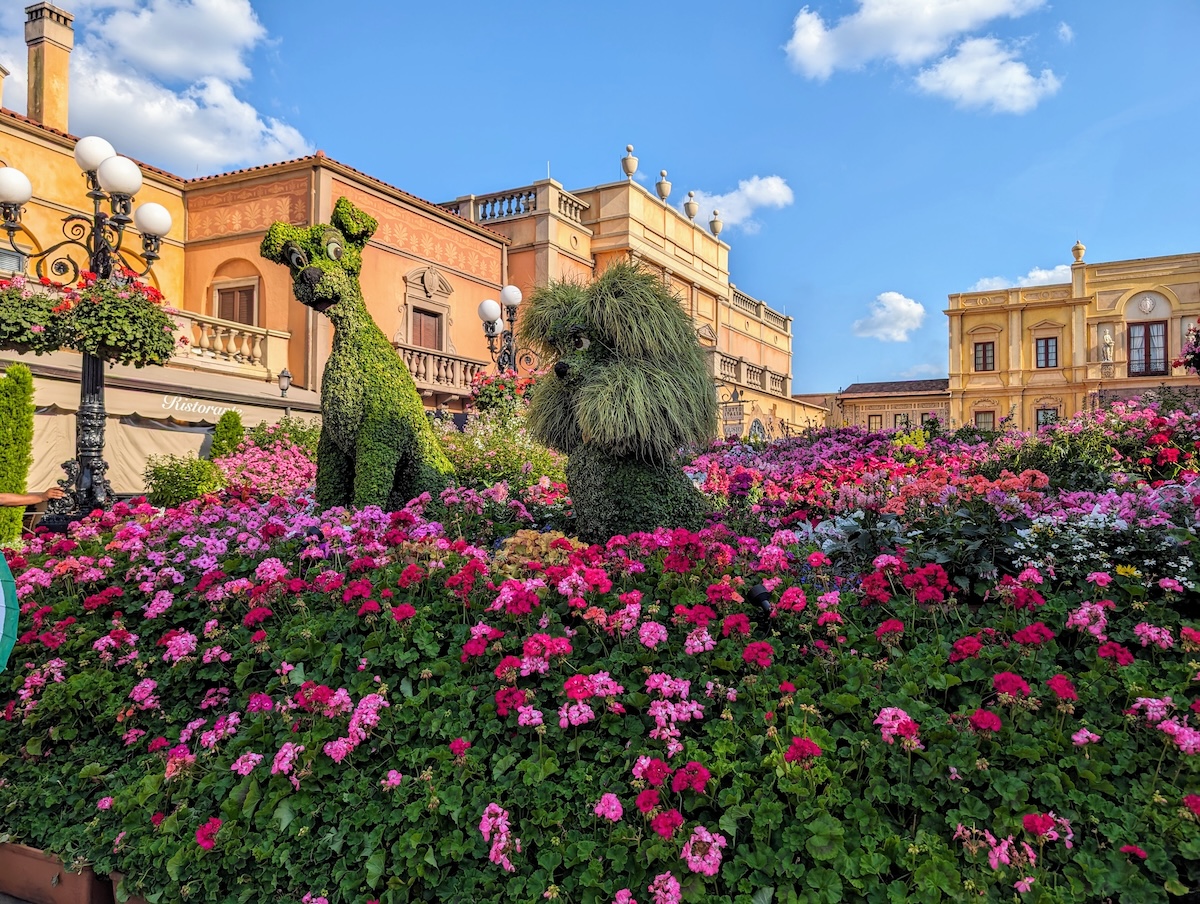 EPCOT International Flower & Garden Festival 2024: Bonsai, Butterflies & Tons of Fun - Lady and the Tramp Topiaries in Italy - Frayed Passport