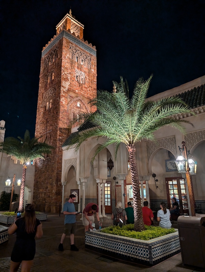 EPCOT Food & Wine Festival 2024: Pickle Milkshakes, Aloe Blacc, and Fireworks - Morocco Pavilion at Night - Frayed Passport